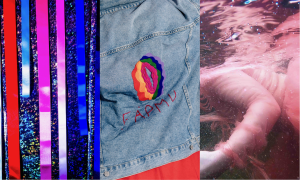 Illustrationsbild av Orodansádji - Varandets rum. Bilden består av tre fotografier ordnade sida vid sida i en vidvinkelbild. Första fotografiet i det vänstra hörnet består av färgglada och glänsande band anordnade vertikalt. Det andra fotografiet visar baksidan av en ljusblå jeansjacka med färgglada vågiga sömmar och ordet "fápmu" (som betyder kraft på nordsamiska). Det tredje fotografiet, på höger sida, är en bild tagen under vattnet av Jenni Laiti som simmar i en laxfärgad gákti.